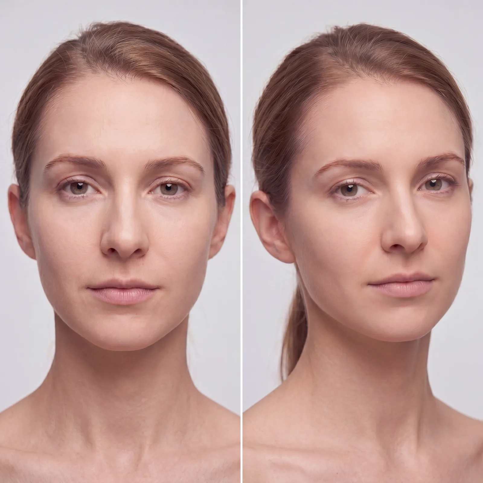 Two clinical photos of the same patient at slightly different angles, showing how shadows and symmetry shift