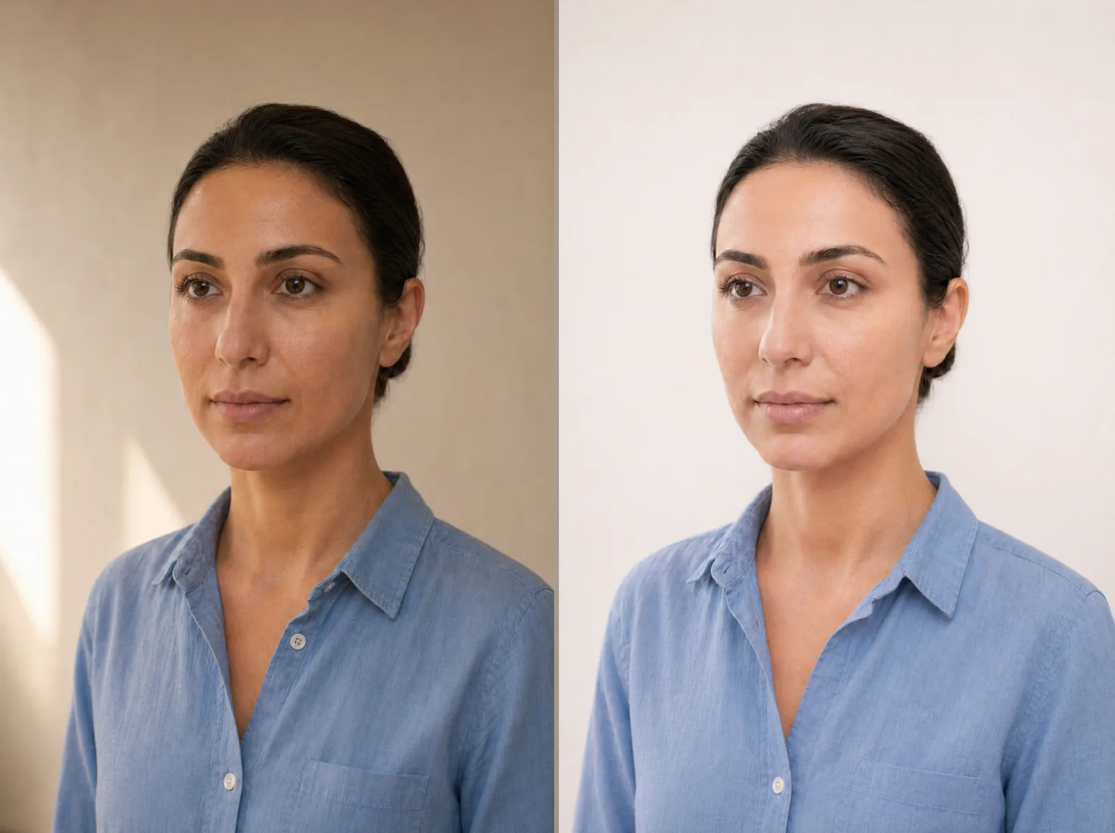 Clinical photo lighting comparison: natural window light vs controlled front lighting at 5000K